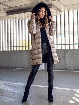 Бежева зимова жіноча двостороння довга стьобана куртка-пальто з капюшоном Bolf B8202A