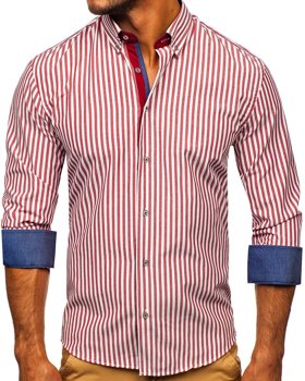 Бордова чоловіча сорочка в смужку з довгим рукавом Bolf 20704