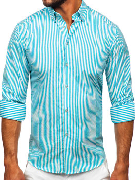 Бірюзова чоловіча смугаста сорочка з довгим рукавом Bolf 22731