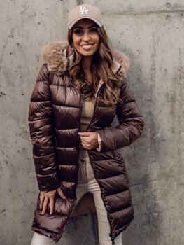 Коричнева зимова жіноча двостороння довга стьобана куртка-пальто з капюшоном Bolf B8202A