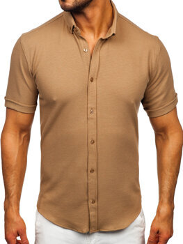 Коричнева муслінова чоловіча сорочка з коротким рукавом Bolf 2013