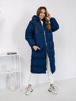 Темно-синя довга стьобана куртка пальто жіноче зимове з капюшоном Bolf 5M3163