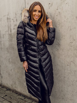 Чорна довга стьобана куртка жіноча зимова куртка з натуральним хутром Bolf M699