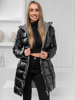 Чорна жіноча довга двостороння стьобана зимова куртка-пальто з капюшоном Bolf B8070