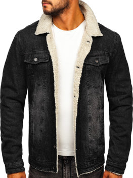 Чорна чоловіча джинсова куртка тракер з хутряною підкладкою Bolf 1158