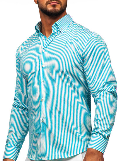 Бірюзова чоловіча смугаста сорочка з довгим рукавом Bolf 22731