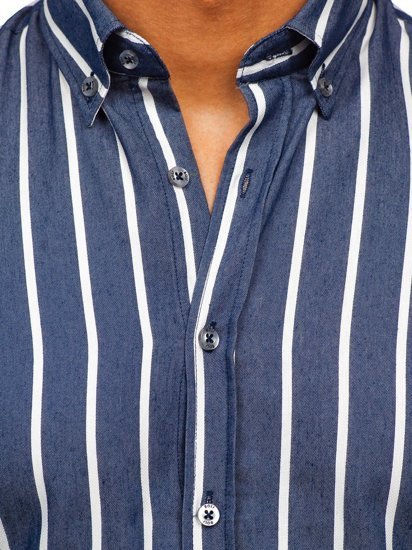 Темно-синя чоловіча сорочка в смужку з довгим рукавом Bolf 20730