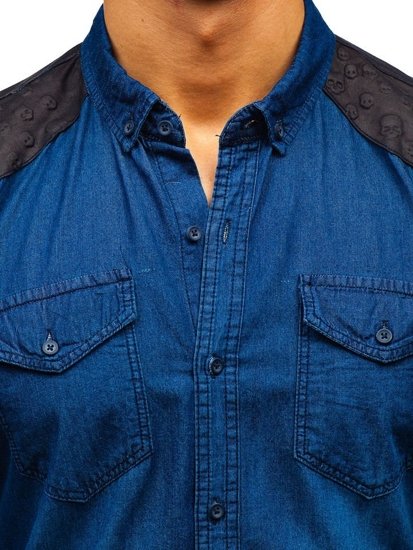 Чоловіча джинсова сорочка з візерунком з довгим рукавом темно-синя Bolf 0517