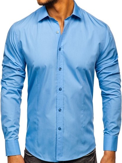 Чоловіча елегантна сорочка з довгим рукавом блакитна Bolf 1703