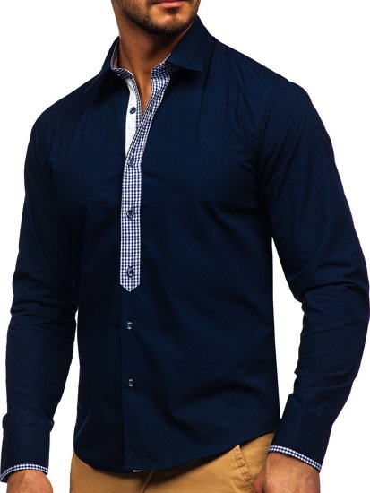 Чоловіча елегантна сорочка з довгим рукавом темно-синя Bolf 6873