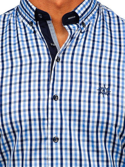 Чоловіча сорочка у клітину, з коротким рукавом блакитна Bolf 4510