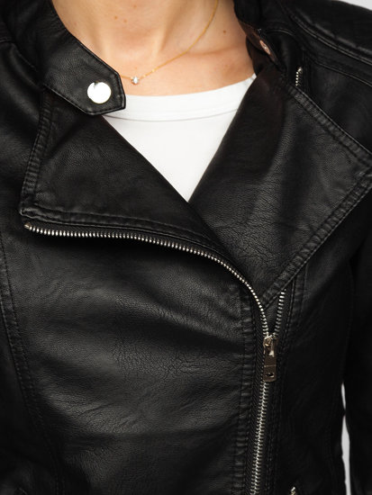 Чорна жіноча шкіряна куртка з коміром-стійкою Bolf B0117
