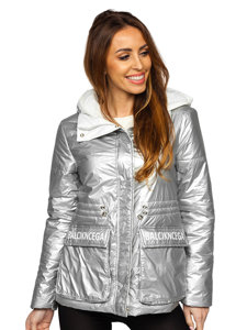 Срібна стьобана жіноча зимова куртка з капюшоном Bolf B9570