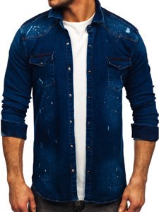 Темно-синя чоловіча джинсова сорочка з довгим рукавом Bolf R702