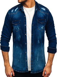 Темно-синя чоловіча джинсова сорочка з довгим рукавом Bolf R802