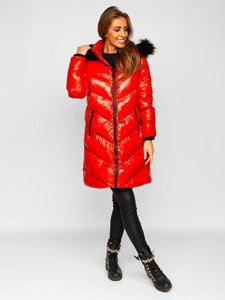 Червона стьобана жіноча зимова куртка з капюшоном Bolf 23069