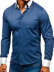 Чоловіча елегантна сорочка у смужку з довгим рукавом темно-синя Bolf 0909-A