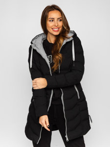 Чорна довге жіноче зимове стьобане куртка-пальто з капюшоном Bolf 7075